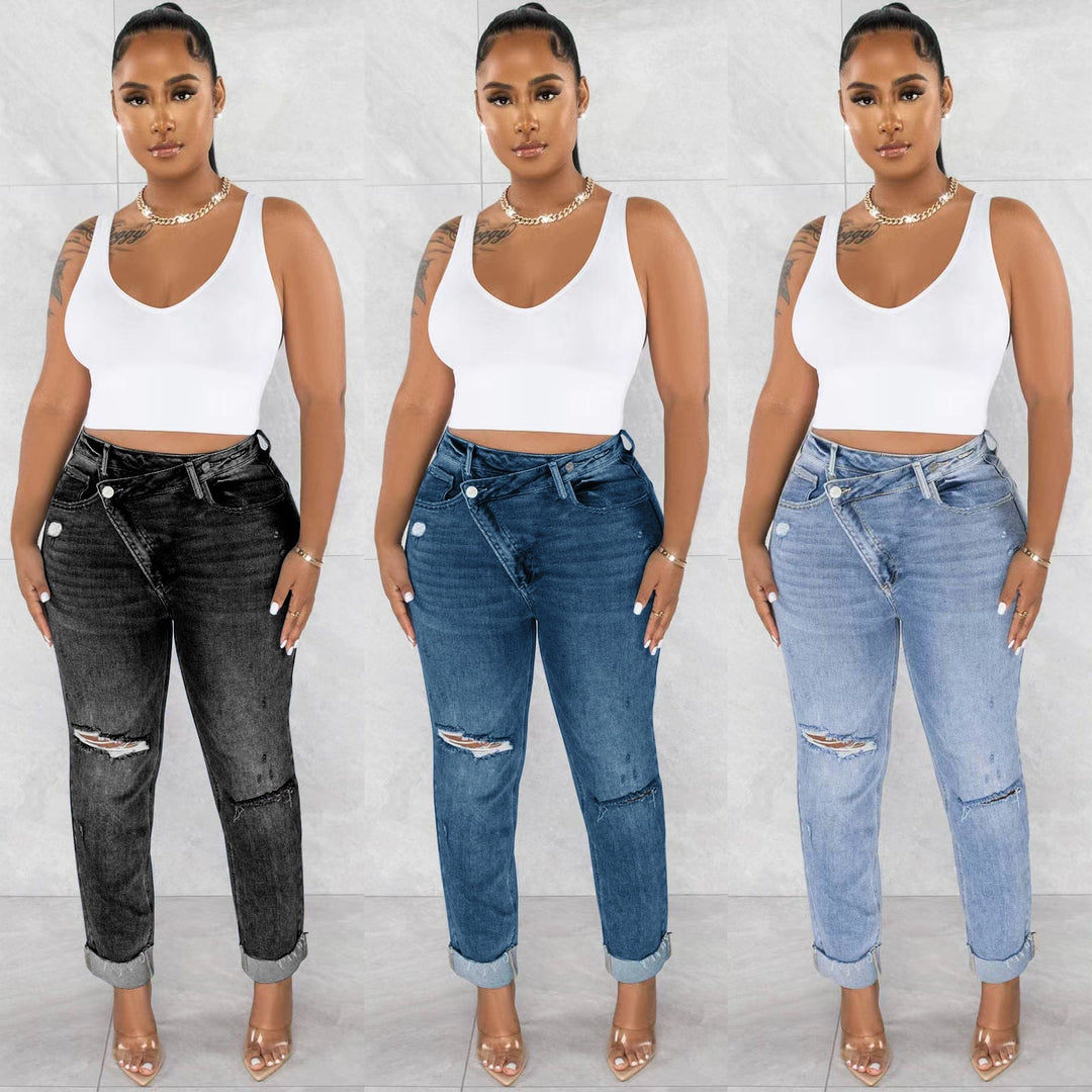 Heidi-Mode | Jeans Damen Ripped Diagonal Buckle Stretch Jeans