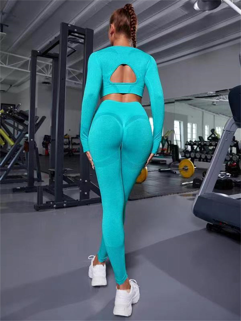 Heidi-Mode | 2-Teiliges Sportbekleidung-Set mit Langarm, Durchbrochendem Design und Hochtaillierten, Nahtlosen Fitness-Leggings