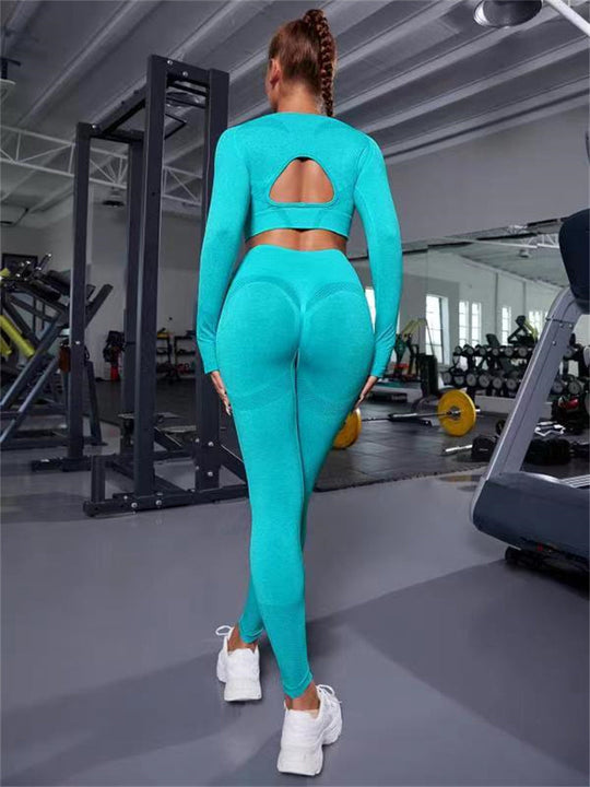 Heidi-Mode | 2-Teiliges Sportbekleidung-Set mit Langarm, Durchbrochendem Design und Hochtaillierten, Nahtlosen Fitness-Leggings