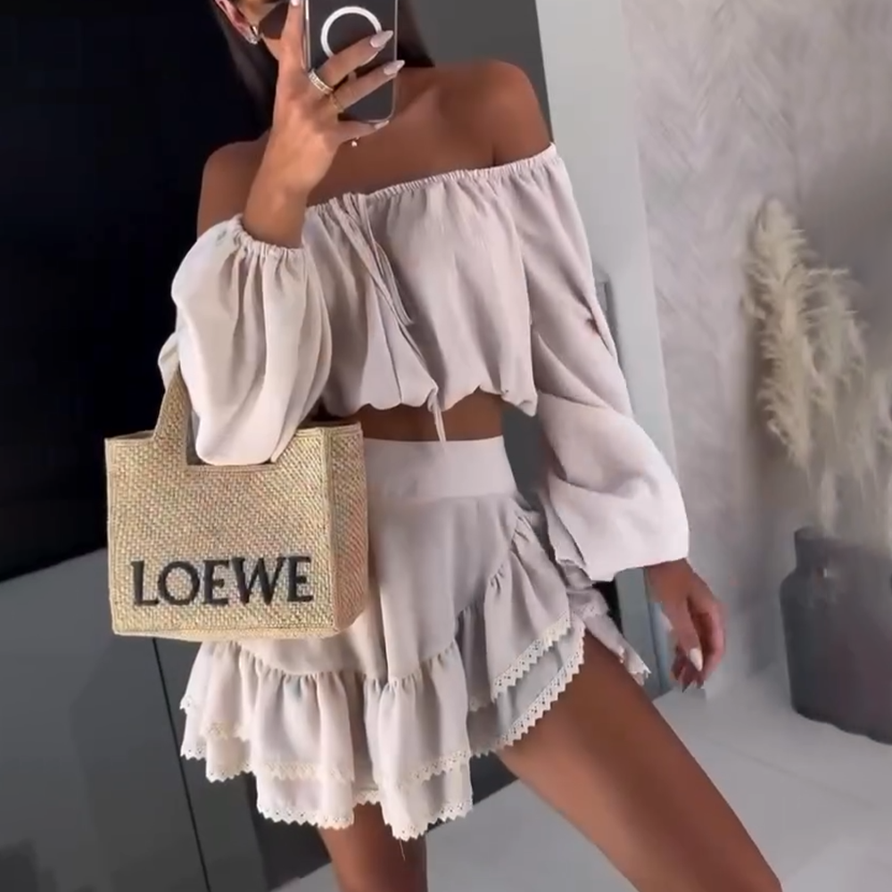 Heidi-Mode | Off Shoulder Crop Top und Rock Satz