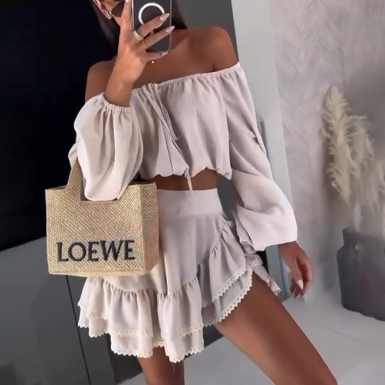 Heidi-Mode | Off Shoulder Crop Top und Rock Satz