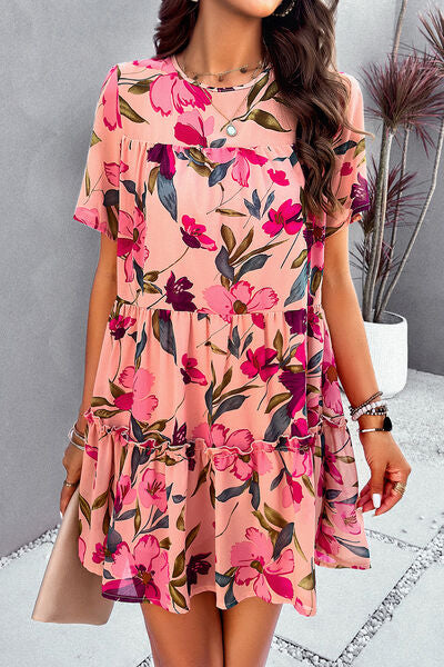 Heidi-Mode | Gedrucktes Gestuftes Rundhals-Minikleid