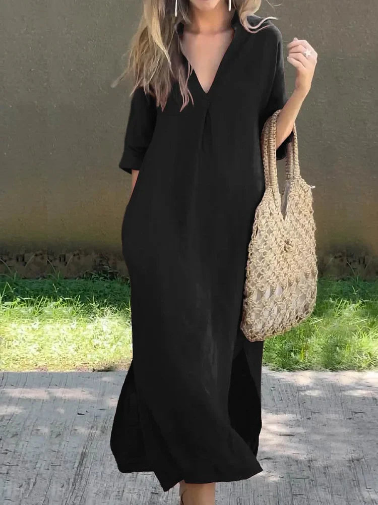 Einfarbiges Damen-kleid mit V-Ausschnitt, Tasche und V-Ausschnitt