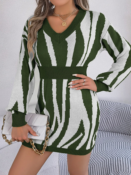 Heidi-Mode | Rüschen Druck V-Ausschnitt Langarm Pullover Kleid