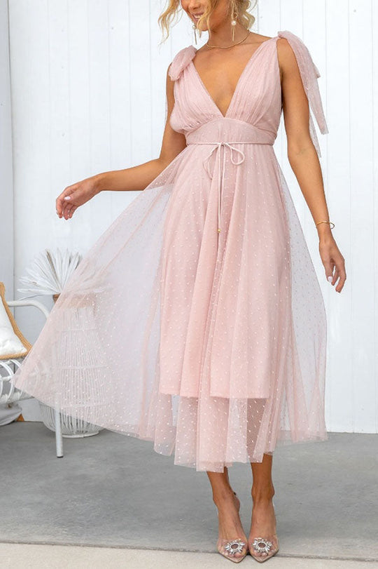 Heidi-Mode | Sommer Cinderella Tüll Polka Dots Bindeschulter Midi Kleid