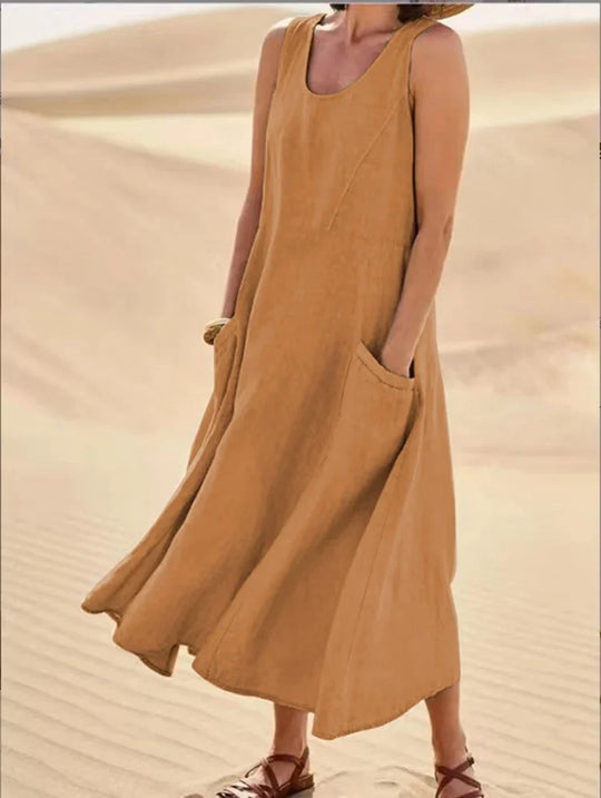 Heidi-Mode | Ärmelloses Kleid aus Baumwolle und Leinen mit Taschen für Frauen