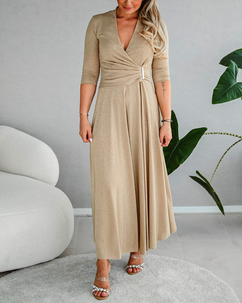 Heidi-Mode | Elegantes, Einfarbiges Kleid mit V-Ausschnitt und Dreiviertelärmeln