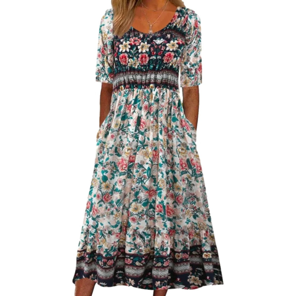 Heidi Mode | Rundhalsausschnitt Kurzarm Bohemian Print Kleid Frauen
