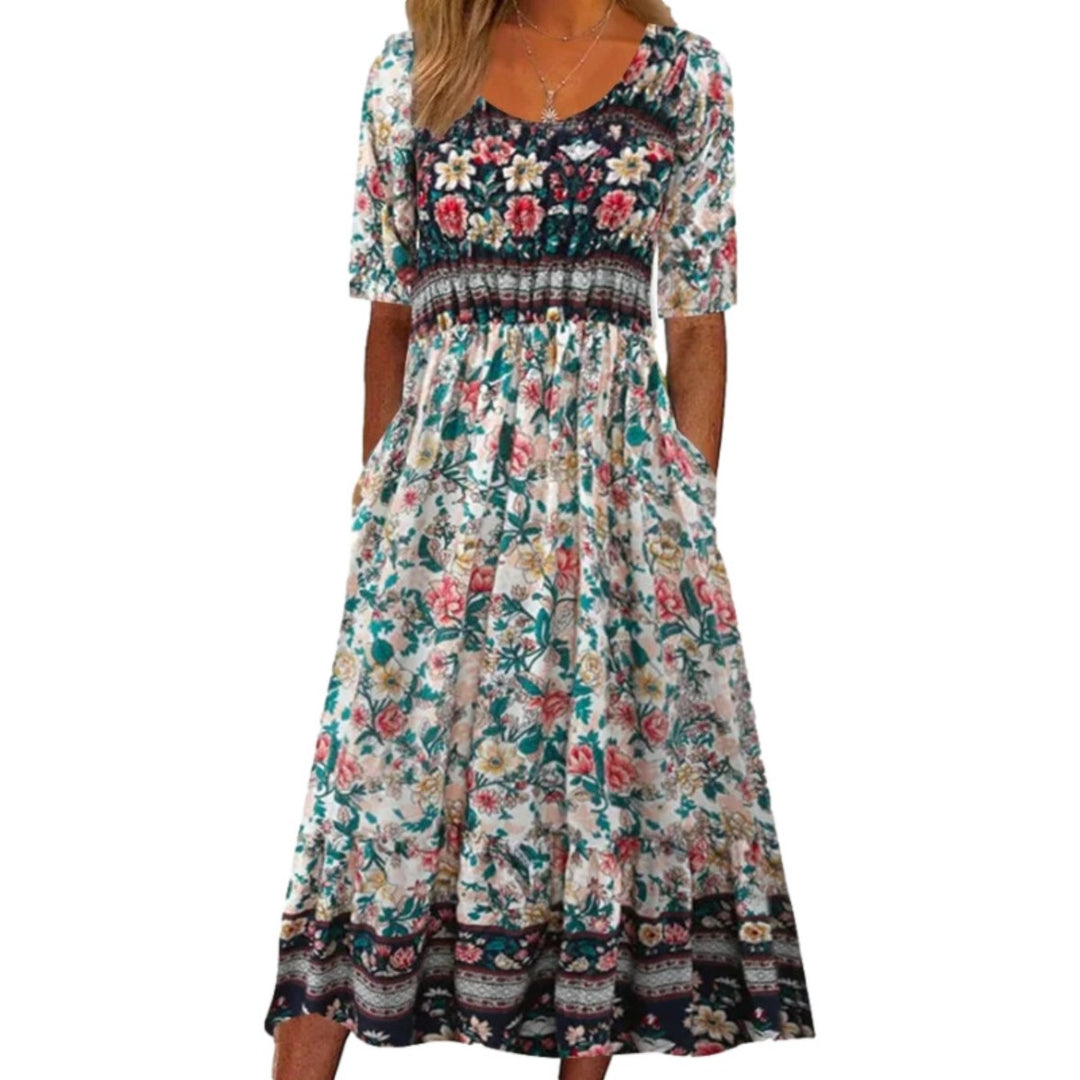 Heidi Mode | Rundhalsausschnitt Kurzarm Bohemian Print Kleid Frauen