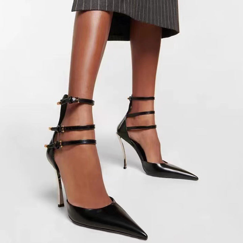 Heidi-Mode | Damenmode Spitz Patentreisen Flache Feine High-Heels Sandalen