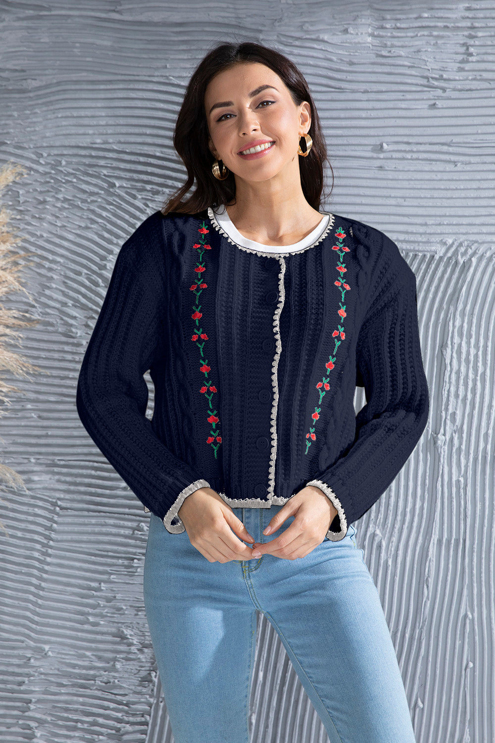 Heidi-Mode | Grafik Kabelstrick Knopfleiste Cardigan