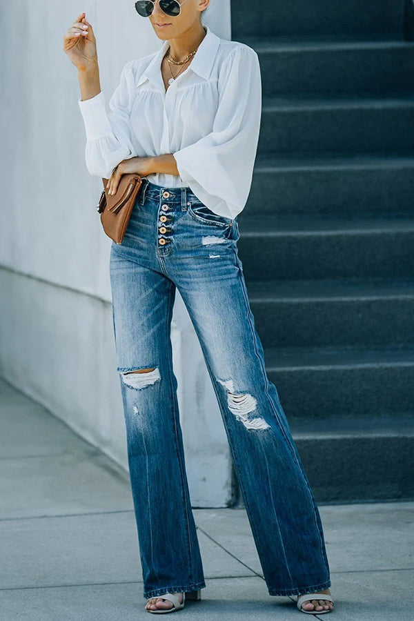 Heidi-Mode | Marcos Hohe Taille Distressed Knopf 90'S Flare Denim