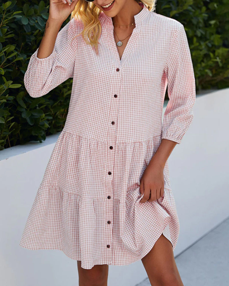 Heidi-Mode | Kariertes A-Linien-Kleid mit Knopfleiste für Damen Ähnelt Einem Hemdblusenkleid