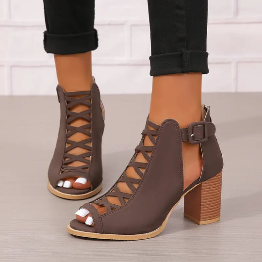 Heidi-Mode | Wunderschöne Peep Toe Sandalen Vintage Stil mit Dickem Absatz