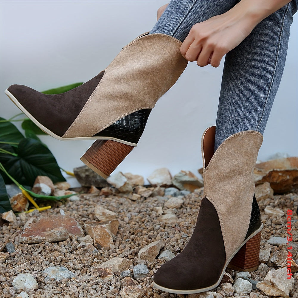 Heidi-Mode | Damen Stiefeletten Stickerei, Quadratische Schuhspitze, Dicker Absatz, Slip On Cowboy Stil aus Samt & Denim
