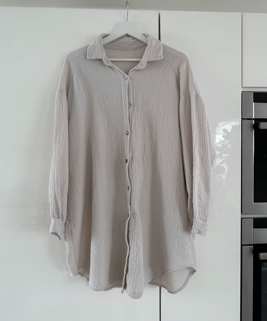 Oversize Musselin Bluse Glitzer Auge Beige