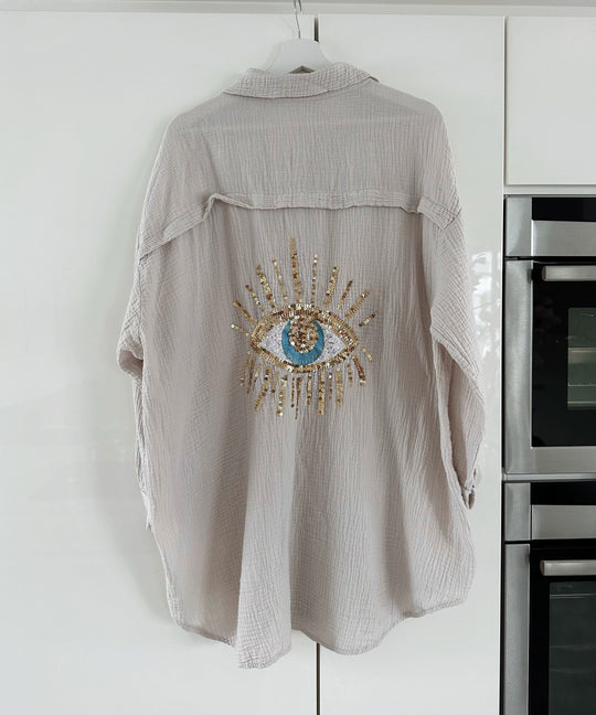 Oversize Musselin Bluse Glitzer Auge Beige