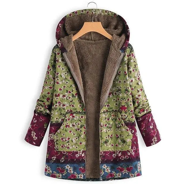 Heidi-Mode | Floral Kapuzen Damen Fleece Mantel