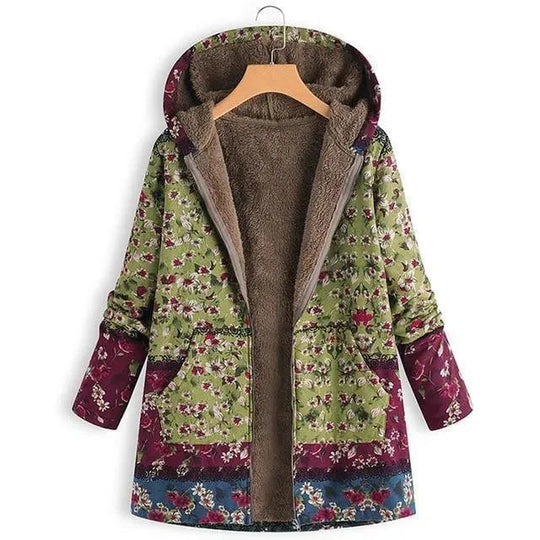 Heidi-Mode | Floral Kapuzen Damen Fleece Mantel
