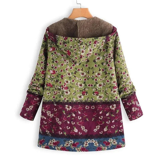 Heidi-Mode | Floral Kapuzen Damen Fleece Mantel