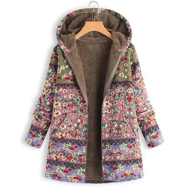 Heidi-Mode | Floral Kapuzen Damen Fleece Mantel