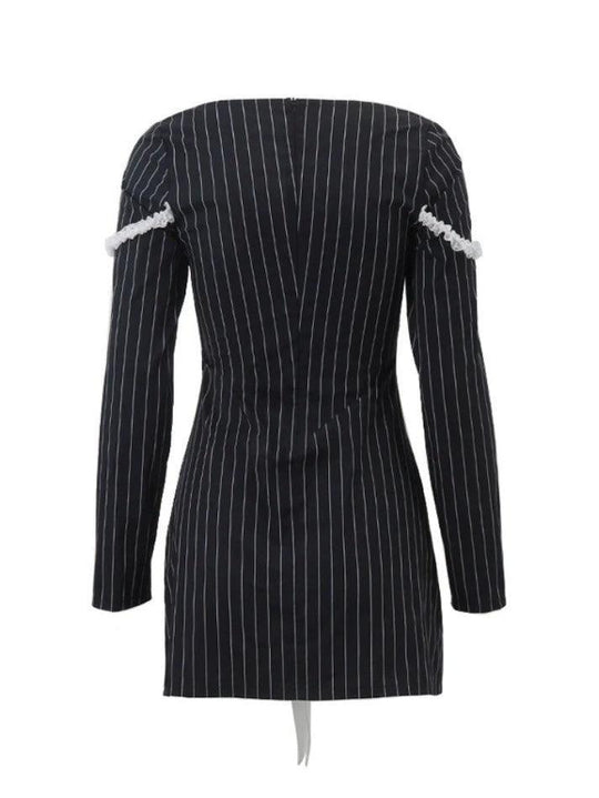 Heidi-Mode | Französisches Quadratausschnitt Schleife Schnürung Nadelstreifen Mini Kleid