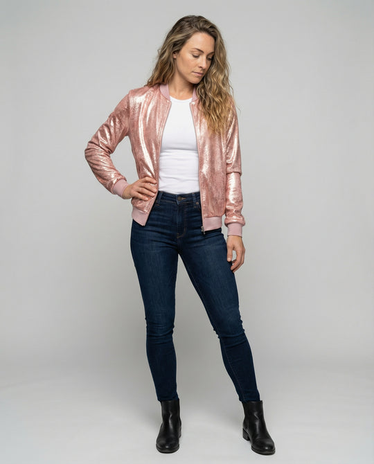 Damen Glänzende Bomberjacke mit Reißverschluss Heidi-Mode