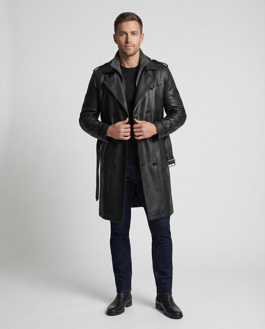 Heidi-Mode | Doppelreihiger Leder-Trenchcoat Herren