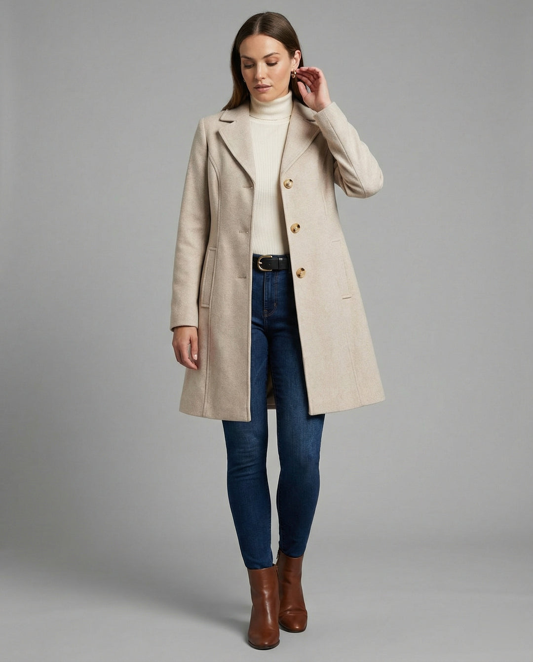 Damen eleganter Langblazer mit modernem Kragen und tailliertem Schnitt Heidi Mode