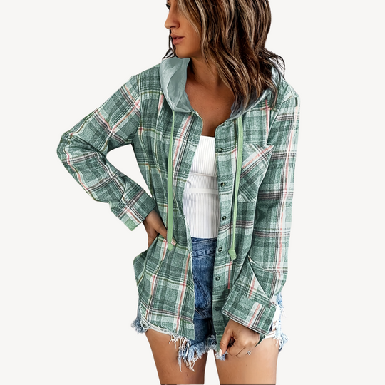 Heidi-Mode | Damen Karierte Button-Down Hemdjacke mit Kapuze