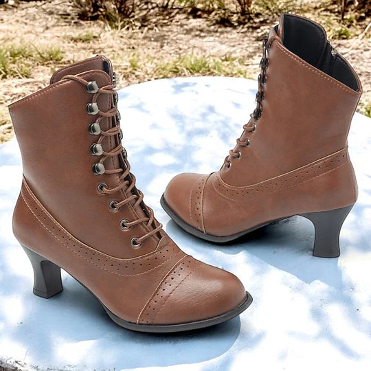 Heidi-Mode | Damen Viktorianische Braune Mid-Heel Schnürstiefel mit Reißverschluss