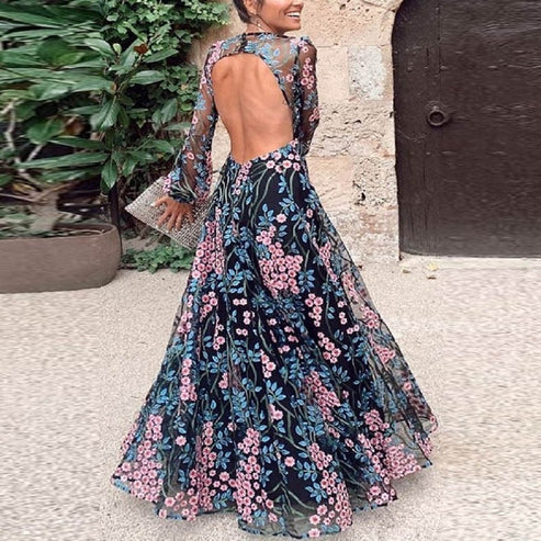 Vintage Blumen rückenfreies Maxikleid
