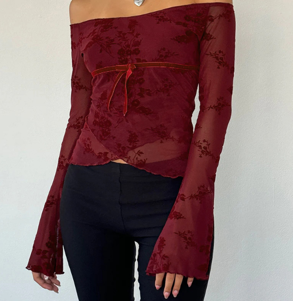 Heidi-Mode | Elegantes Off Shoulder Mesh Top mit Blumenmuster