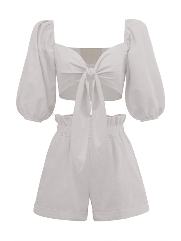 Heidi-Mode | Damenmode Sexy Baumwolle Leinen Cardigan Top Pocket Shorts Freizeitanzug