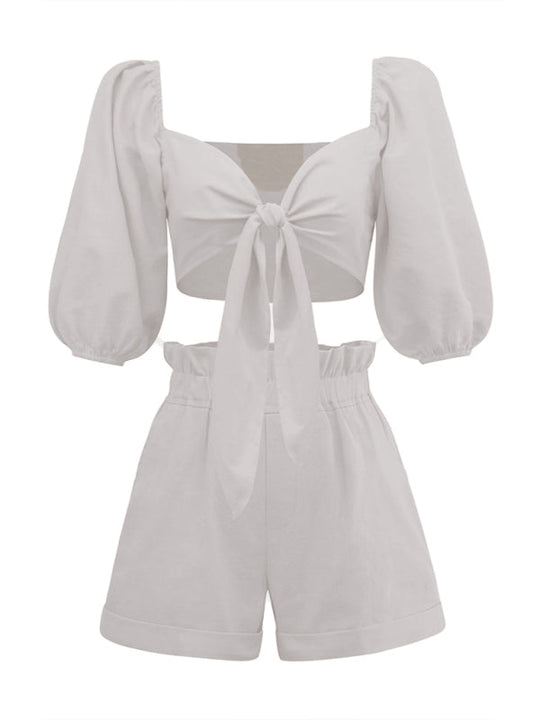 Heidi-Mode | Damenmode Sexy Baumwolle Leinen Cardigan Top Pocket Shorts Freizeitanzug