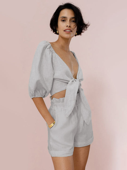 Heidi-Mode | Damenmode Sexy Baumwolle Leinen Cardigan Top Pocket Shorts Freizeitanzug