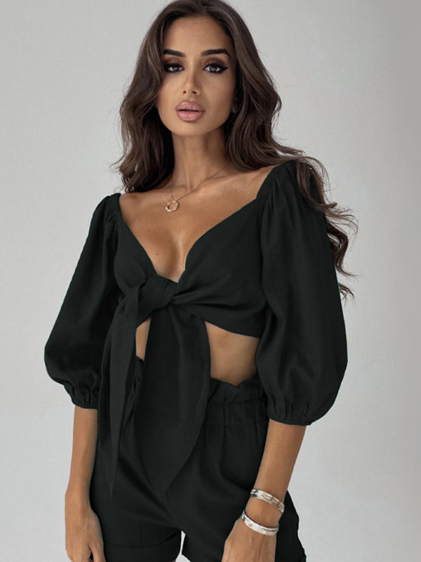 Heidi-Mode | Damenmode Sexy Baumwolle Leinen Cardigan Top Pocket Shorts Freizeitanzug
