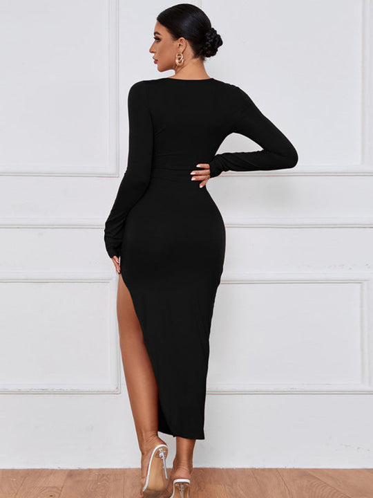 Heidi-Mode | Damen Lange Kleid Schlanker Körper Pack Hüfte Enger Rock Sexy Schlitz Lange Ärmel Kleid