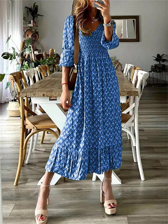 Heidi-Mode | Frühling Neue Mode Damen V-Ausschnitt Lange Rock Taille Blumenmuster Große Schwungkleid