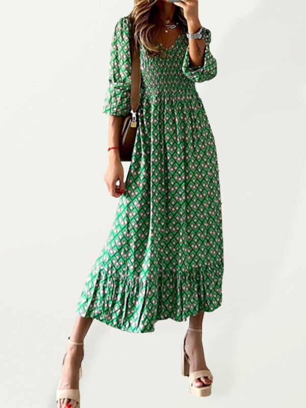 Heidi-Mode | Frühling Neue Mode Damen V-Ausschnitt Lange Rock Taille Blumenmuster Große Schwungkleid