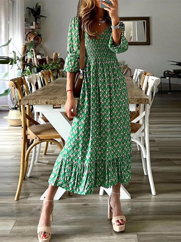 Heidi-Mode | Frühling Neue Mode Damen V-Ausschnitt Lange Rock Taille Blumenmuster Große Schwungkleid
