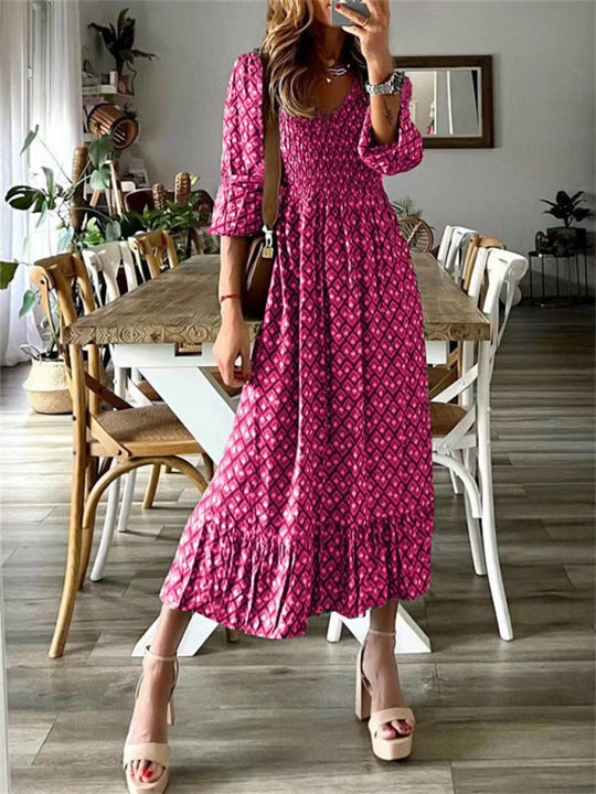Heidi-Mode | Frühling Neue Mode Damen V-Ausschnitt Lange Rock Taille Blumenmuster Große Schwungkleid