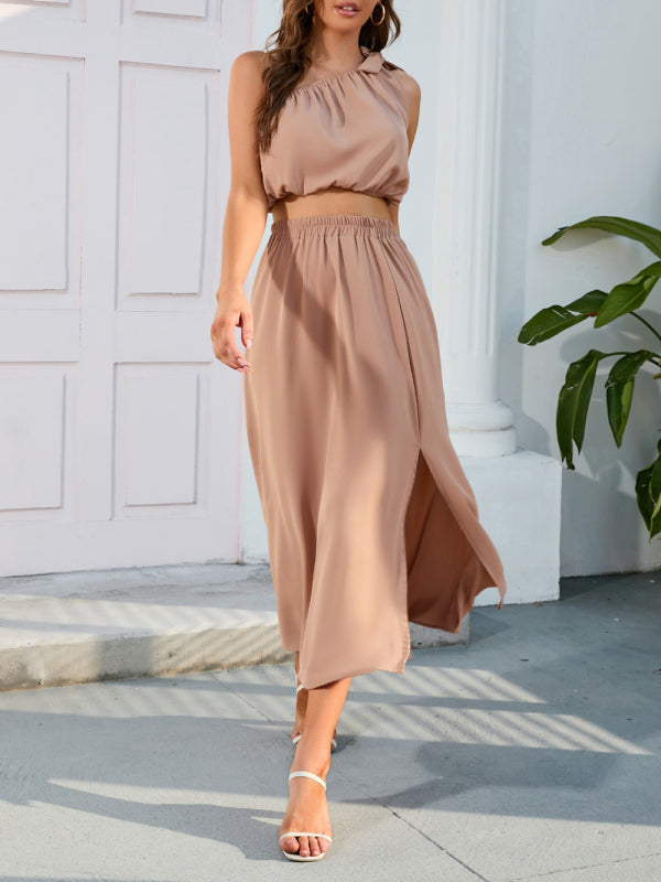 Heidi-Mode | Damenmode Schräg Schulter Bogenknoten Set Schlitz Große Schwingkleid Zwei-Teile Set