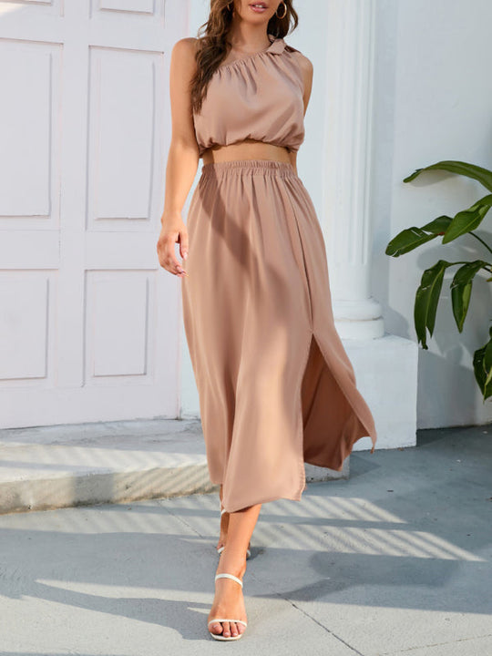 Heidi-Mode | Damenmode Schräg Schulter Bogenknoten Set Schlitz Große Schwingkleid Zwei-Teile Set