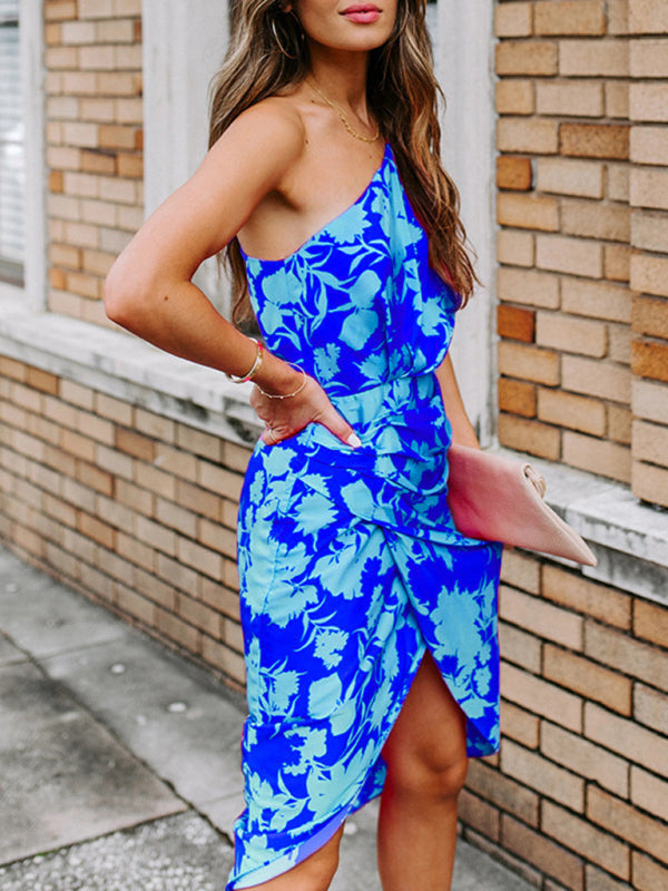 Heidi-Mode | Damen Schräger Hals Off-Shoulder Chiffon Druck Kleid