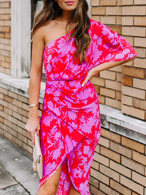 Heidi-Mode | Damen Schräger Hals Off-Shoulder Chiffon Druck Kleid