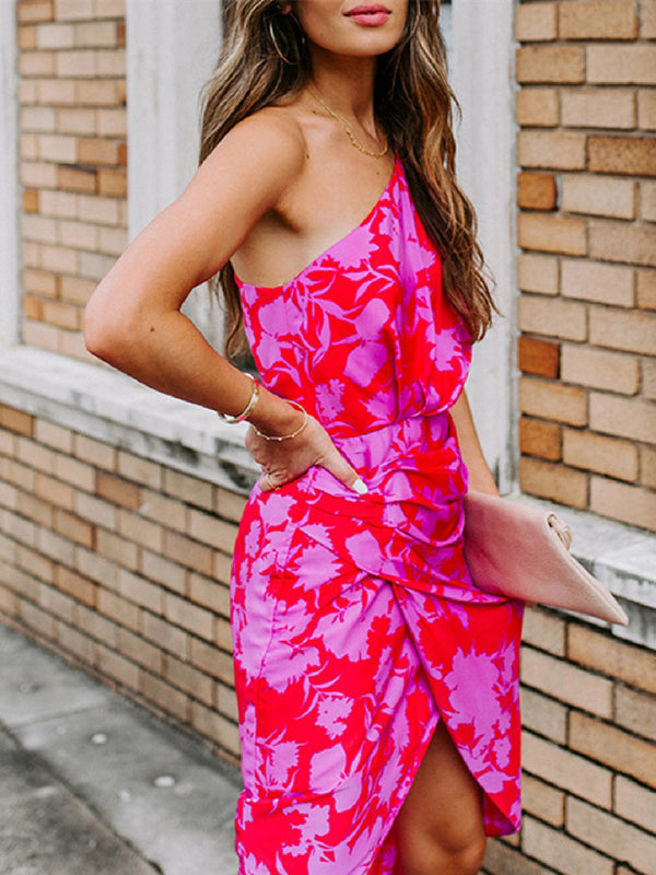 Heidi-Mode | Damen Schräger Hals Off-Shoulder Chiffon Druck Kleid