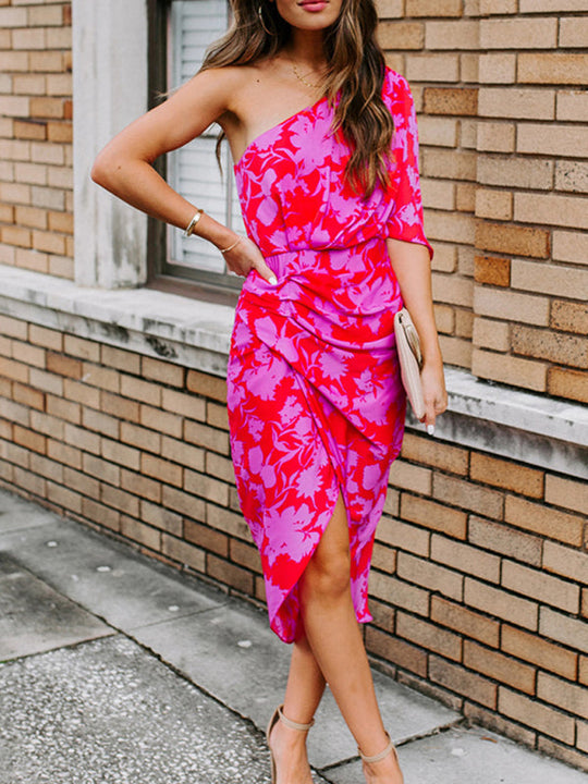Heidi-Mode | Damen Schräger Hals Off-Shoulder Chiffon Druck Kleid