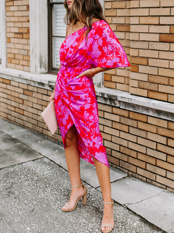 Heidi-Mode | Damen Schräger Hals Off-Shoulder Chiffon Druck Kleid
