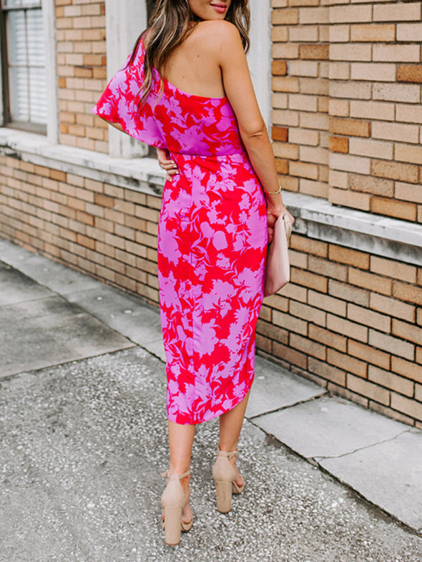 Heidi-Mode | Damen Schräger Hals Off-Shoulder Chiffon Druck Kleid